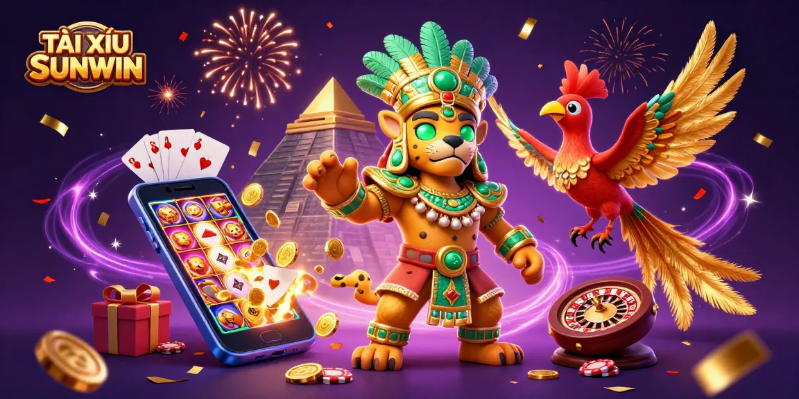 TÀI XỈU SUNWIN showcases vibrant casino action with jaguar priest and game elements.