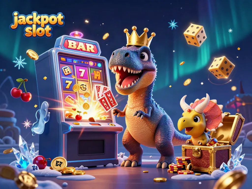 Spin the jackpot slot with a vibrant 3D scene of dinosaurs and casino elements.