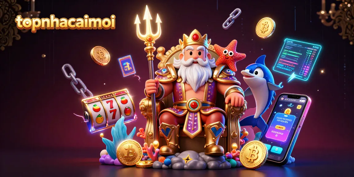 Engage with topnhacaimoi's vibrant 3D casino illustration showing Neptune and crypto elements. Perfect for gamblers!