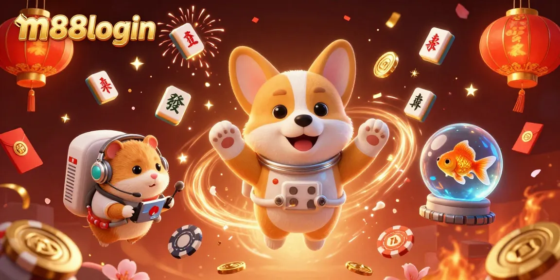 Experience m88login with captivating gaming action, featuring a corgi in a cosmic casino with drifting coins and vibrant visuals.