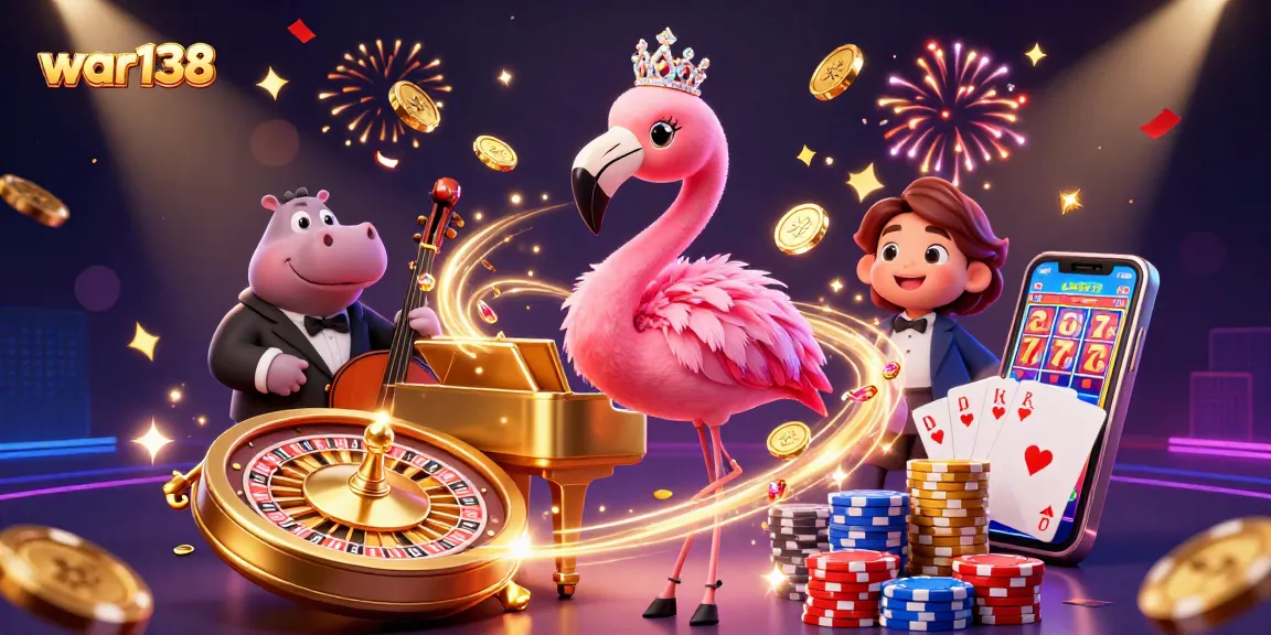 Experience thrilling wins with war138: a vibrant casino scene featuring a flamingo singer and hippo bassist.