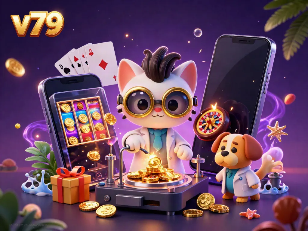 Experience exciting gameplay with v79 featuring a mad scientist cat amidst coins and casino games.