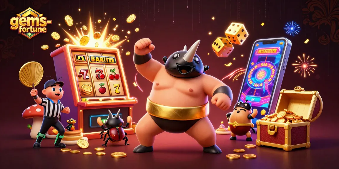 Experience gems-fortune slot action with dynamic characters and casino elements bursting with energy.
