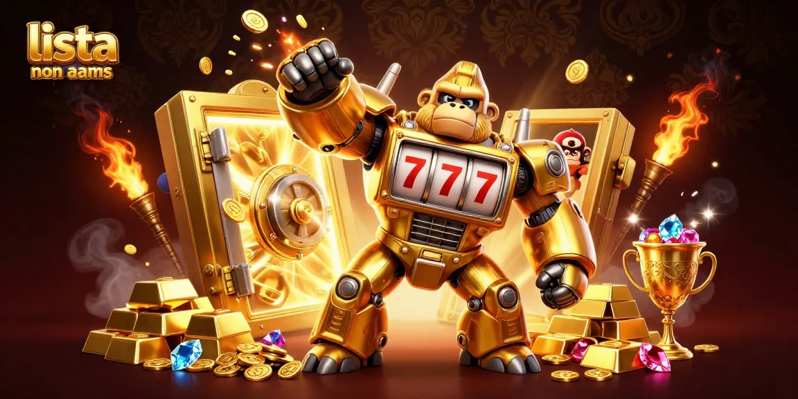 Scopri la lista casino non AAMS con un'avvincente illustrazione di gioco che mostra un gorilla d'oro meccanico e tesori scintillanti.