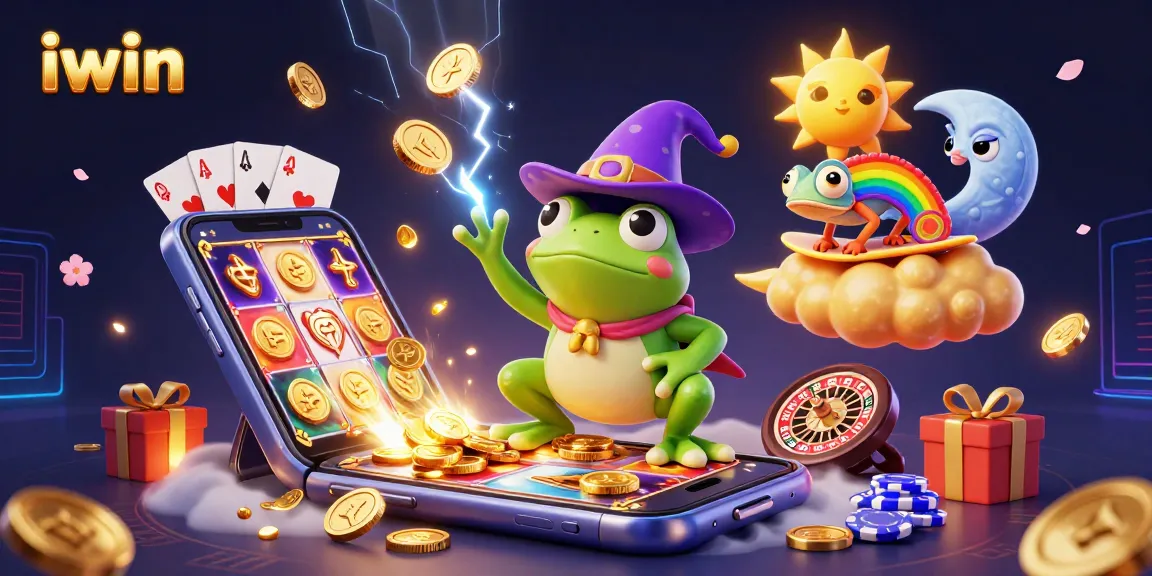 iwin casino adventure with a wizard frog and chameleon amidst golden coins and gaming excitement