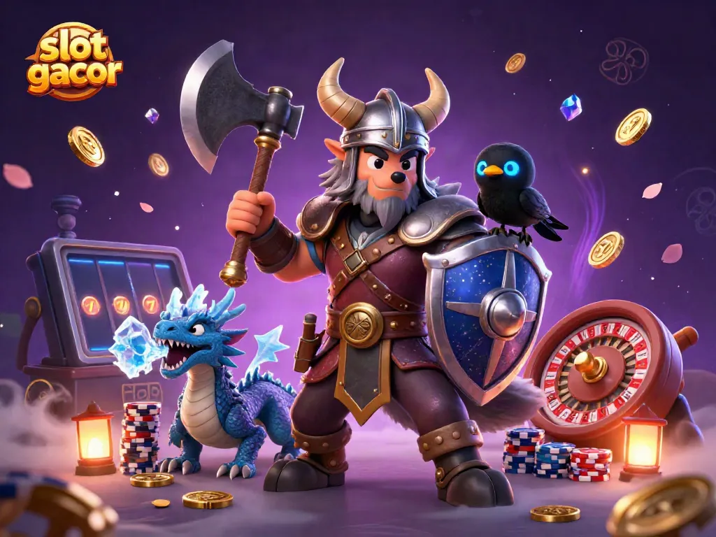 Engage with the slot gacor adventure featuring a heroic Viking wolf warrior, dragon, and vibrant casino elements.