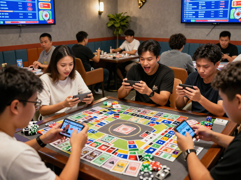 Exciting ramble rummy gaming atmosphere with focused players using mobile devices in a vibrant lounge.