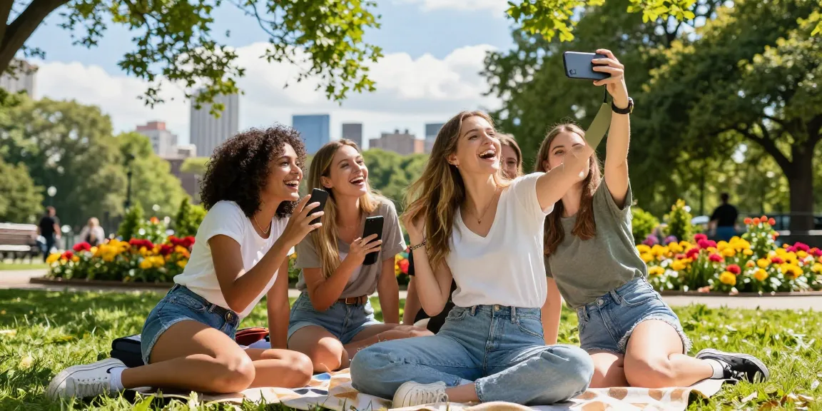 Group of friends enjoying a picnic while asking how old do I look in a vibrant urban park