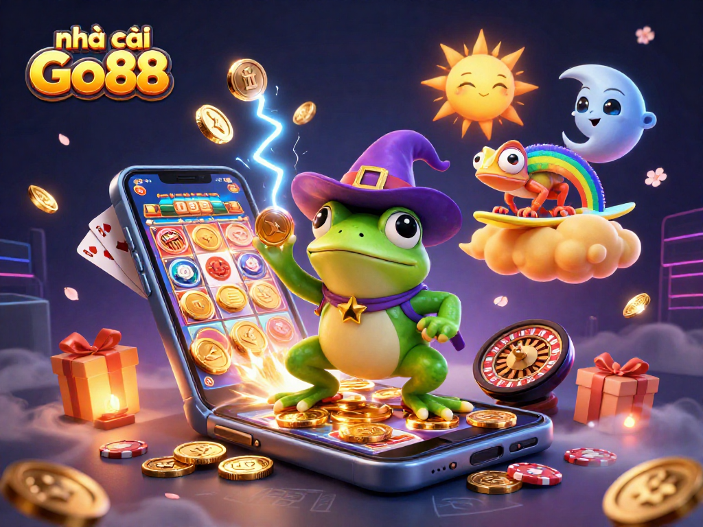 Engage with nhà cái Go88 as the 3D wizard frog and chameleon create a casino coin storm.