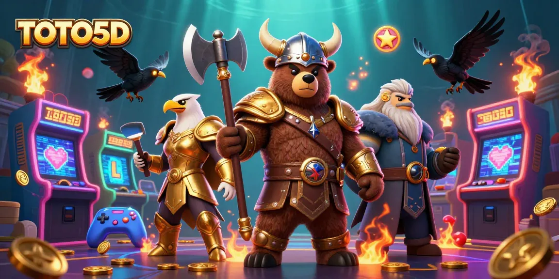 Play TOTO5D with a vibrant 3D illustration showcasing unique characters and colorful arcade elements.