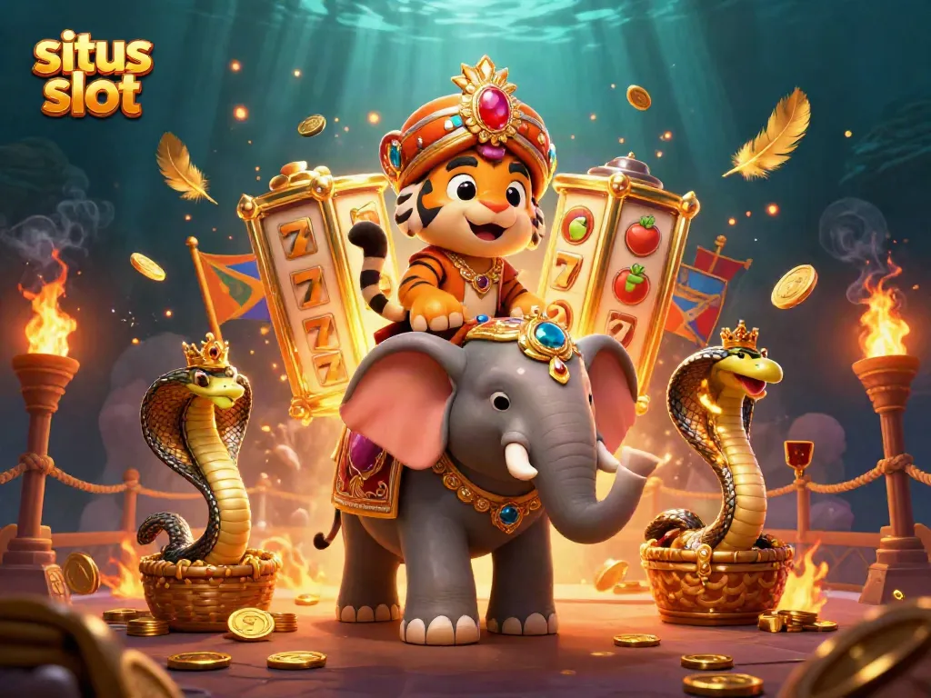 Experience the thrill of situs slot with an Indian maharaja tiger, jewel-encrusted elephant, and vibrant game symbols.