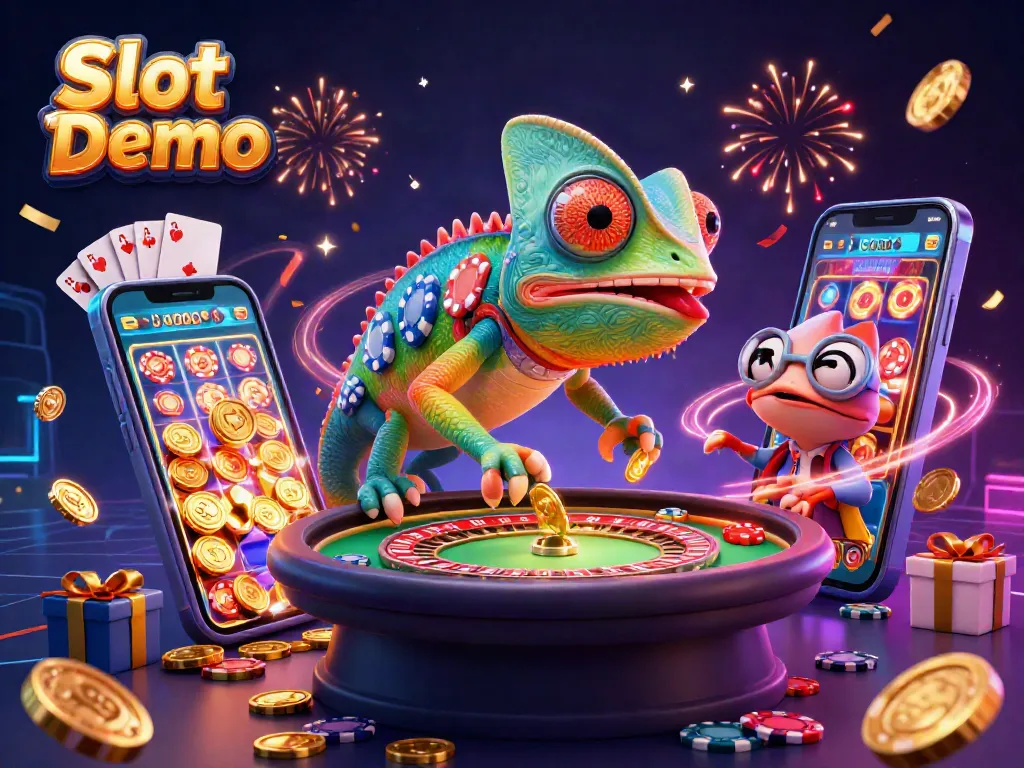 Experience Slot Demo games with an enormous chameleon casino owner and dynamic slot visuals.