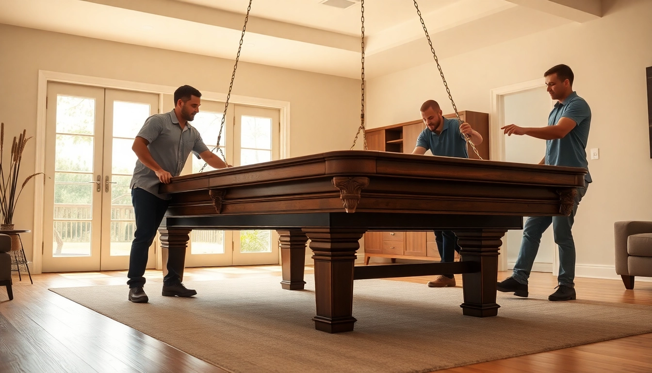 Expert pool table mover dfw carefully lifting a slate pool table in a bright living room.
