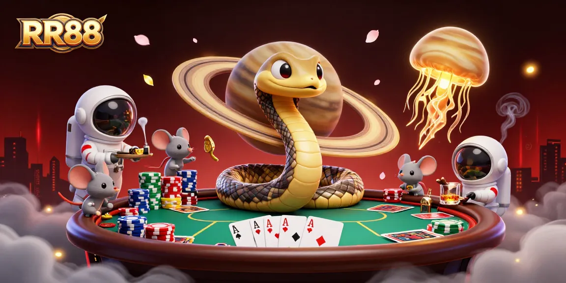 Engage in thrilling cosmic gambling at RR88 with astronaut mice and a golden jellyfish dealer.