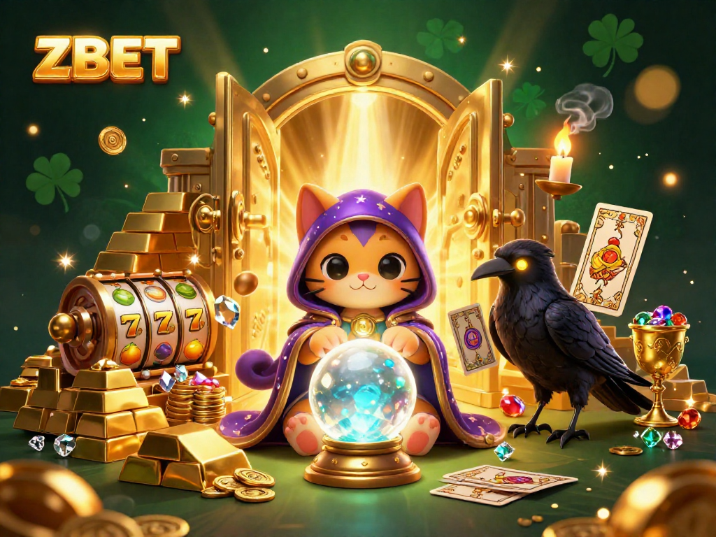 ZBET casino graphics feature a mystical cat and raven among slots and treasures, enhancing the gaming allure.