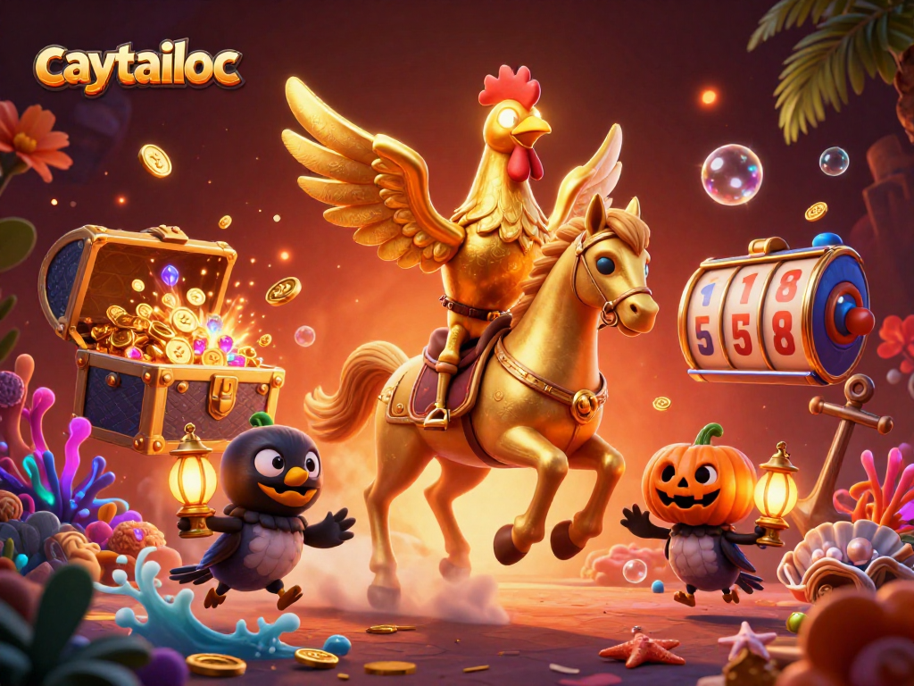 Experience winning at caytailoc with a golden rooster in a vibrant casino scene filled with treasures and slot reels.
