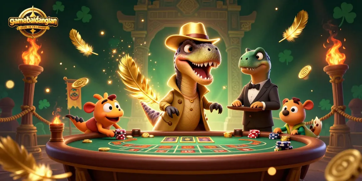 Experience high-stakes gaming at gamebaidangian with a fun 3D illustration of characters at a blackjack table.