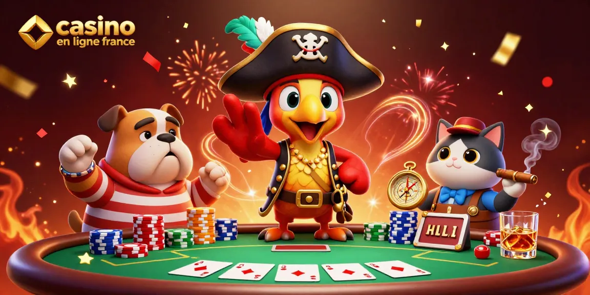 Plongez dans l'univers du casino en ligne en France avec un pirate, un bulldog et un chat au poker.