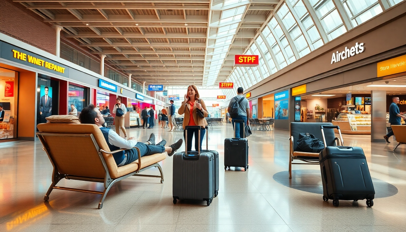 Travelers enjoying airport layovers at a bustling terminal with shops and restaurants in the background.