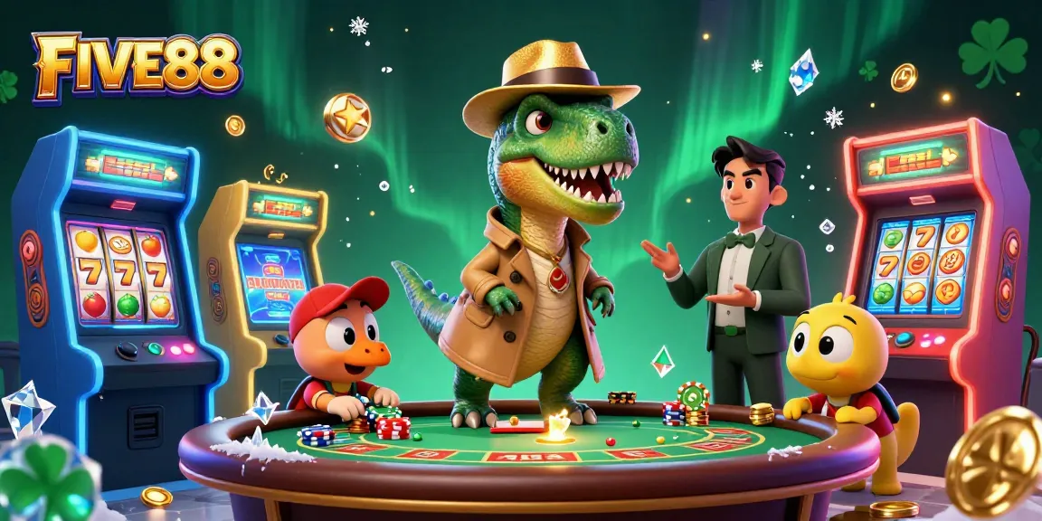 Experience the thrill of FIVE88 at a blackjack table with animated characters and vibrant casino elements