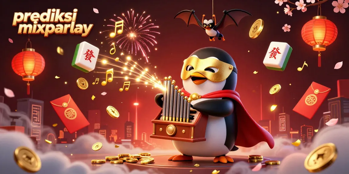 Bet on prediksi mixparlay with visually stunning 3D illustration of a penguin playing a golden organ.
