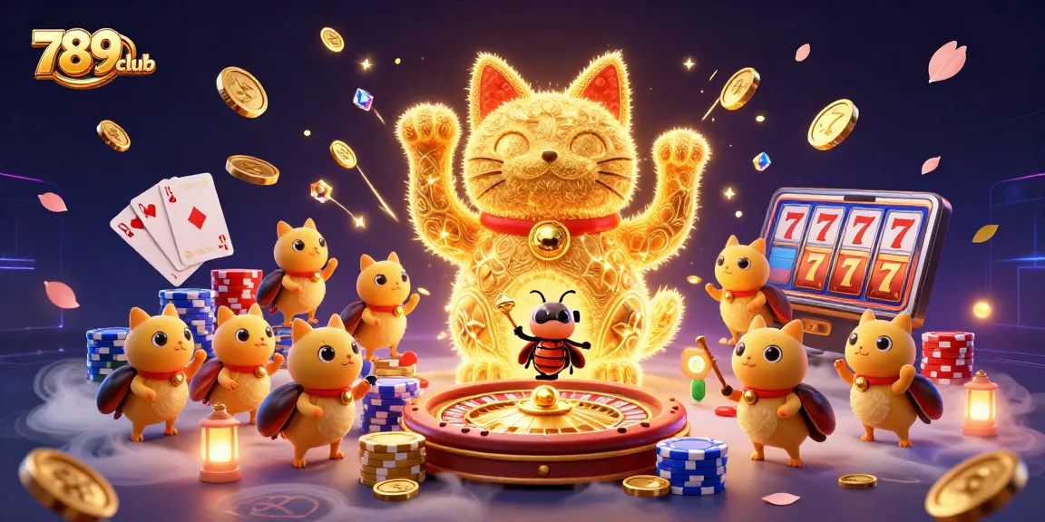 Experience the excitement of 789club with a dynamic casino-themed illustration featuring golden fireflies and lucky symbols.