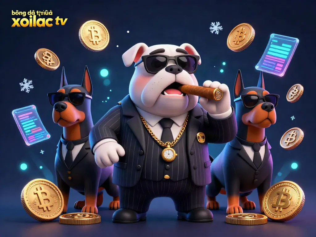 Xoilac TV brings the best in online soccer streaming, showcasing vibrant 3D visuals of football and crypto elements.