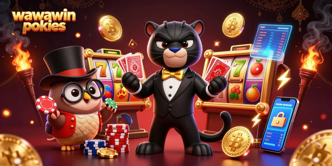 Uncover winnings with wawawin pokies, featuring a stylish black panther, an owl, and a lucky mouse in a vibrant casino scene.