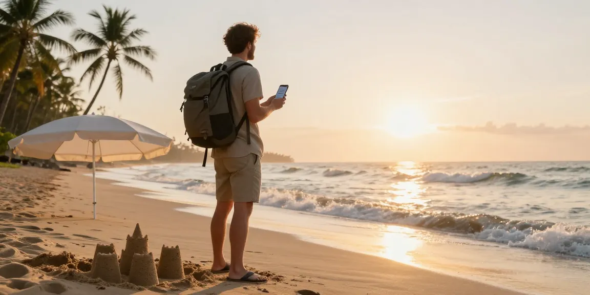 Adventurous traveler at sunrise beach contemplating journey with NAGA2000