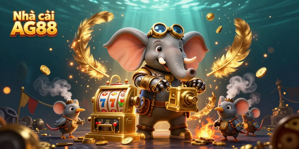 Spin the golden slot machine with Nhà cái AG88 featuring the steampunk elephant engineer in vibrant gaming atmosphere.