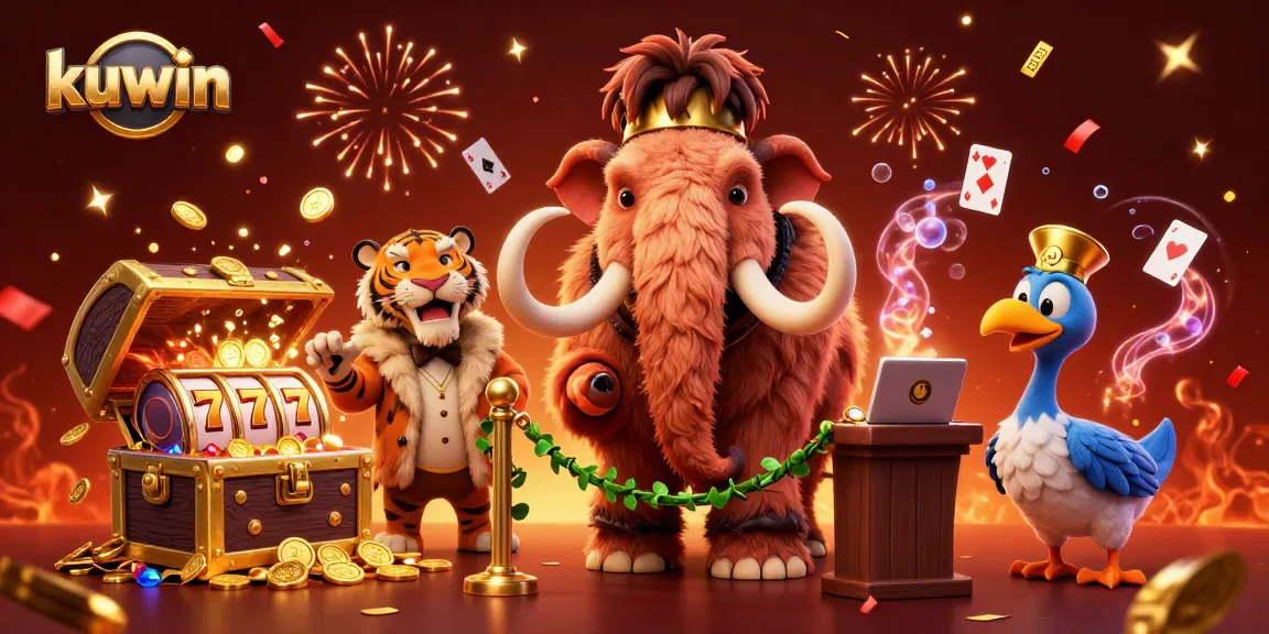 Kuwin casino dynamic scene featuring a woolly mammoth bouncer checking IDs with slot reels and gold coins exploding.