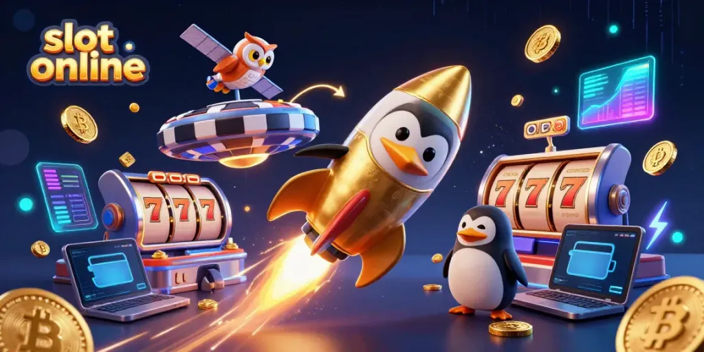 Experience the thrilling world of slot online with a golden penguin and vivid casino elements.