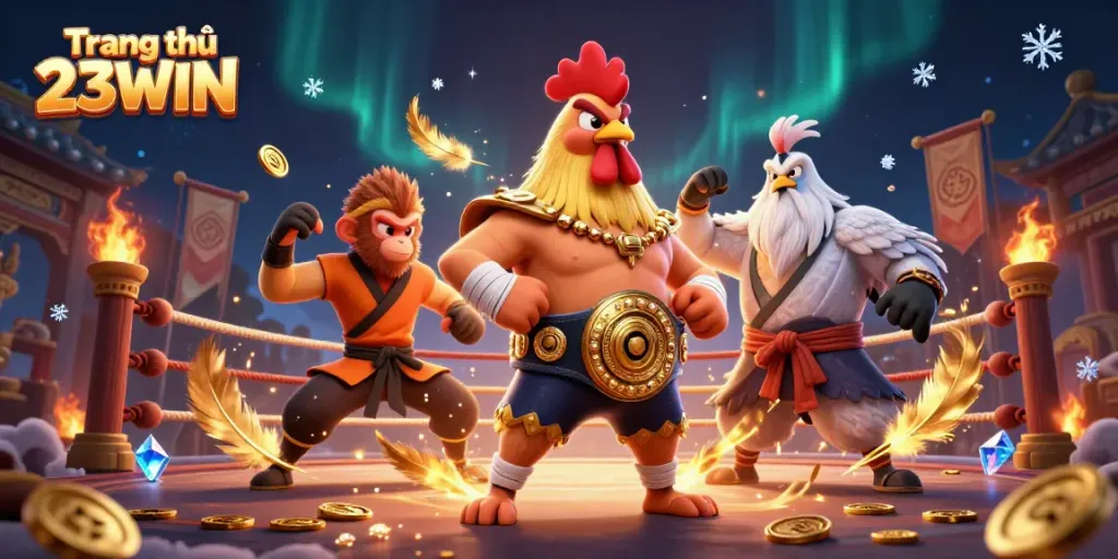 Win big with the action-packed scene at Trang chủ 23WIN, featuring exciting characters in a dramatic gaming arena.