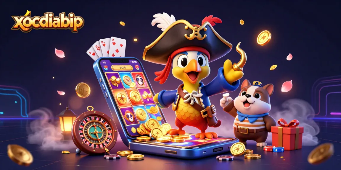 Xocdiabip showcases a lively 3D scene with a pirate captain, bulldog, and cat surrounded by casino elements.