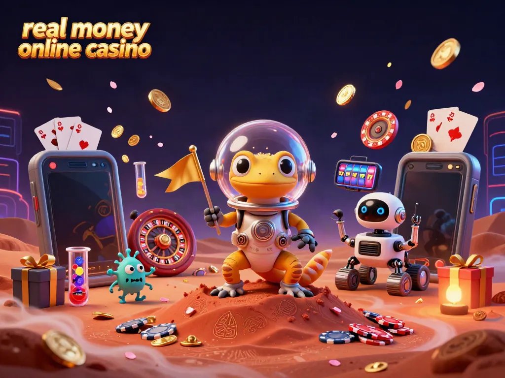 Martian gecko exploring a golden casino in Mars sand representing a real money online casino theme.