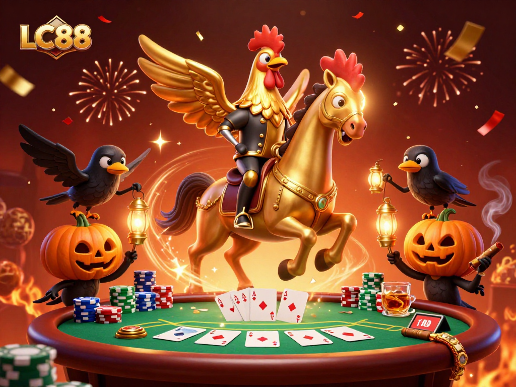 Experience vibrant casino action at LC88 with a golden rooster and poker scene filled with excitement.