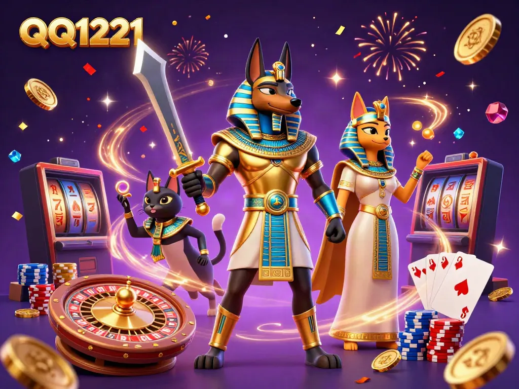 Experience the excitement of QQ1221 with Anubis and Bastet amidst cascading coins and gaming elements.
