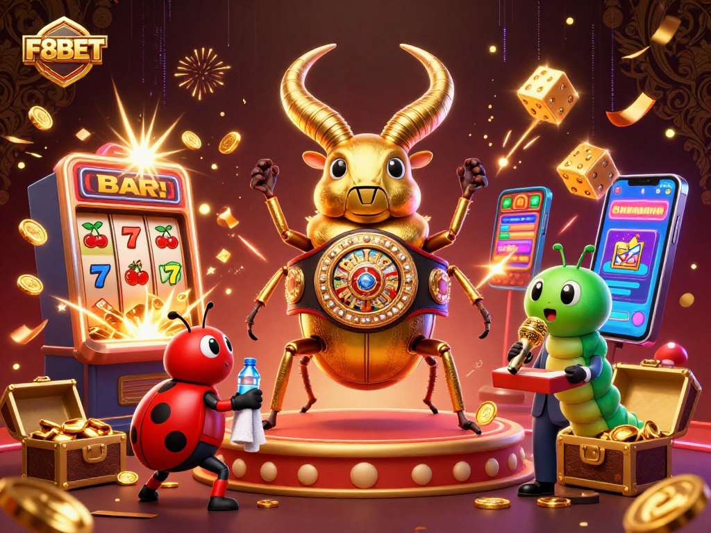 Engage with the thrilling world of F8BET, showcasing vibrant casino elements and dynamic characters in action.