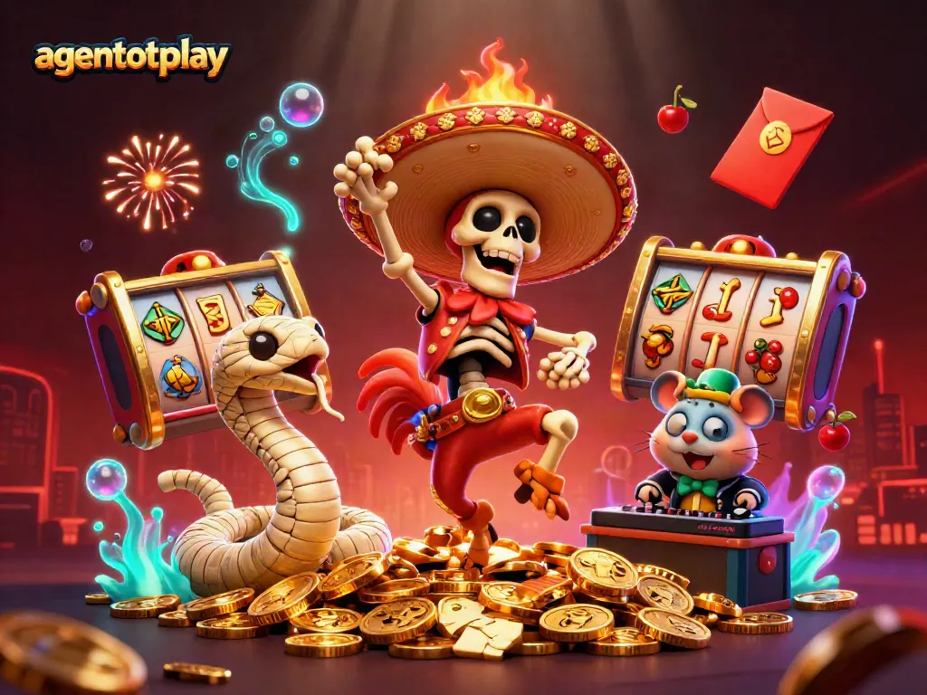 agentotoplay showcases lively casino characters celebrating wins around slot reels on a vibrant backdrop.