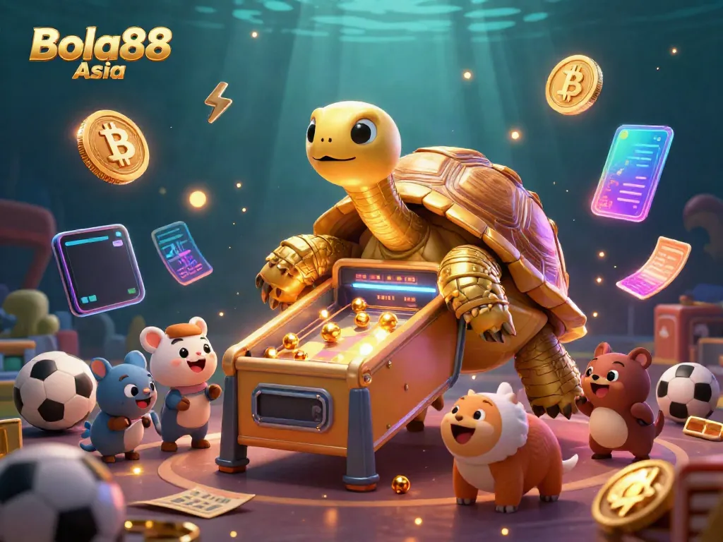 Engage with the thrilling atmosphere of Bola88 Asia featuring a colossal tortoise pinball setup amidst energetic sports scenes.