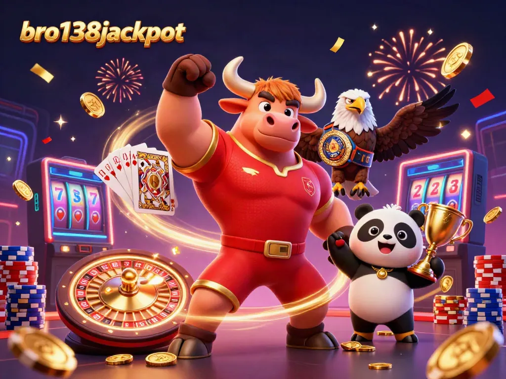 Witness the celebratory scene of the bro138jackpot mascot engaging with casino elements, showcasing win potential.