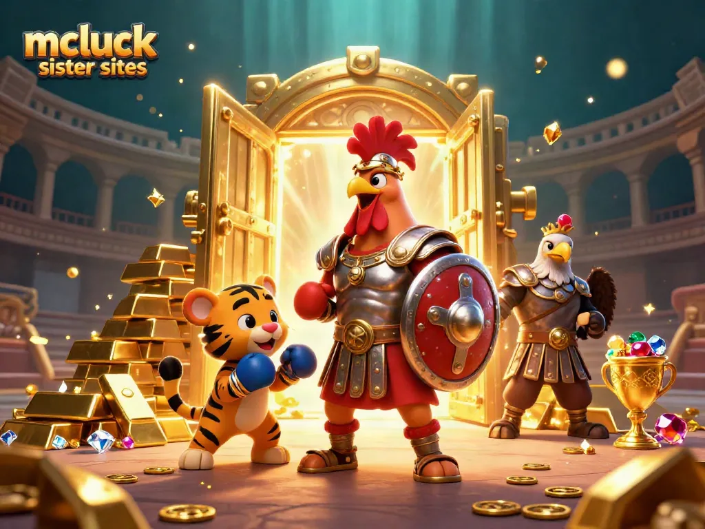Experience the thrill of mcluck sister sites with a gladiator rooster and treasures in a vibrant casino arena!