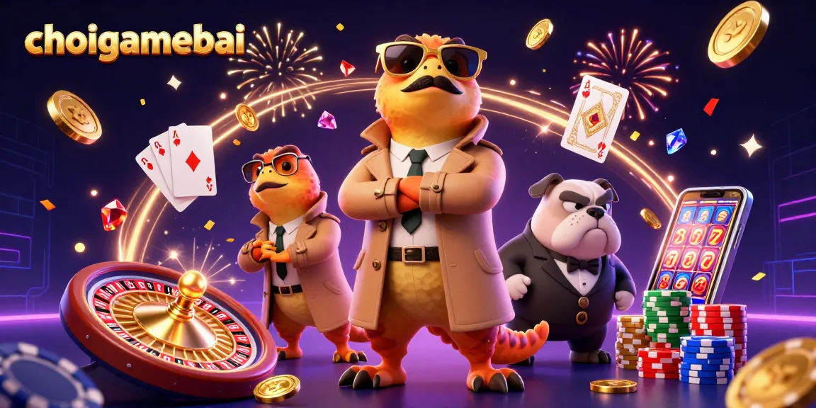 Engage with choigamebai's exciting VIP casino scene featuring raptors and a bulldog bouncer.