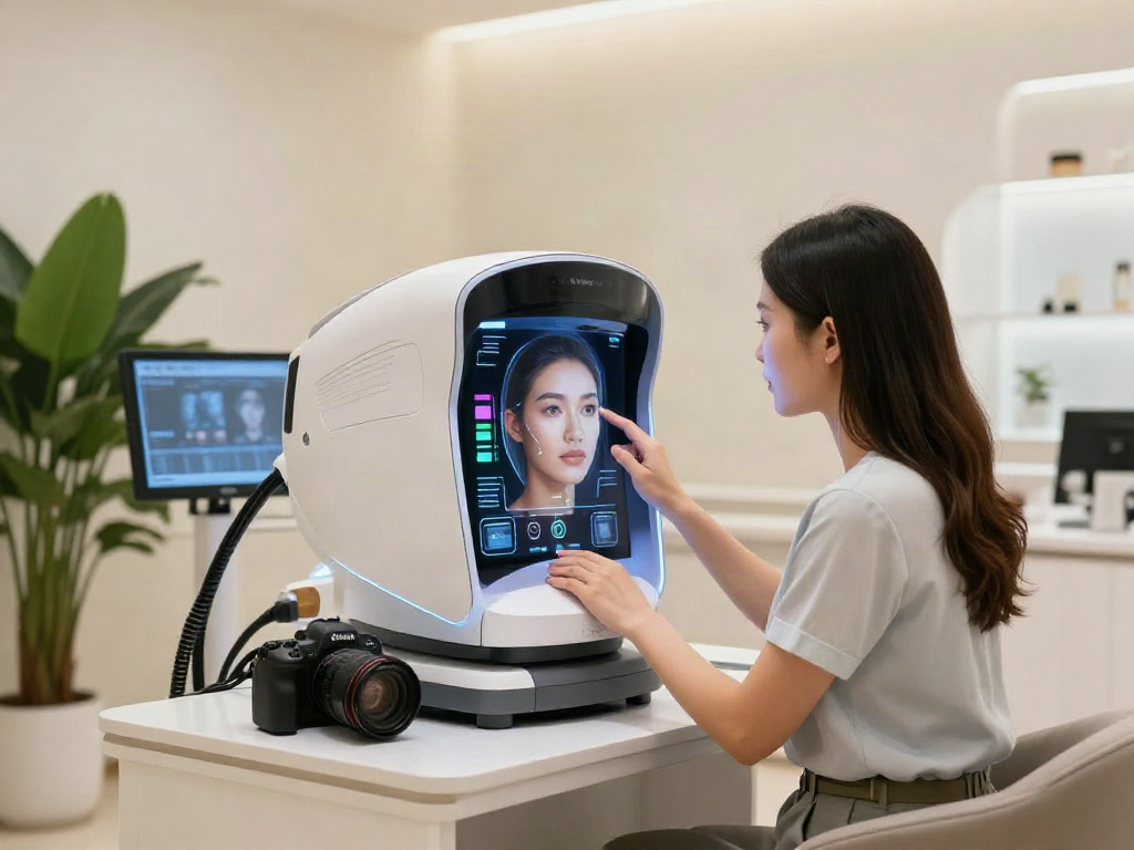 Test attractiveness with AI facial analysis in a modern clinic environment.