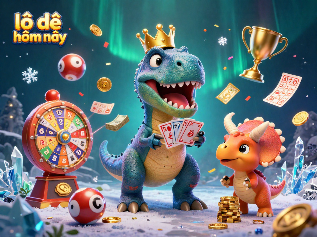 Engage with exciting lô đề hôm nay as colorful lottery balls and cards fly around playful dinosaurs.