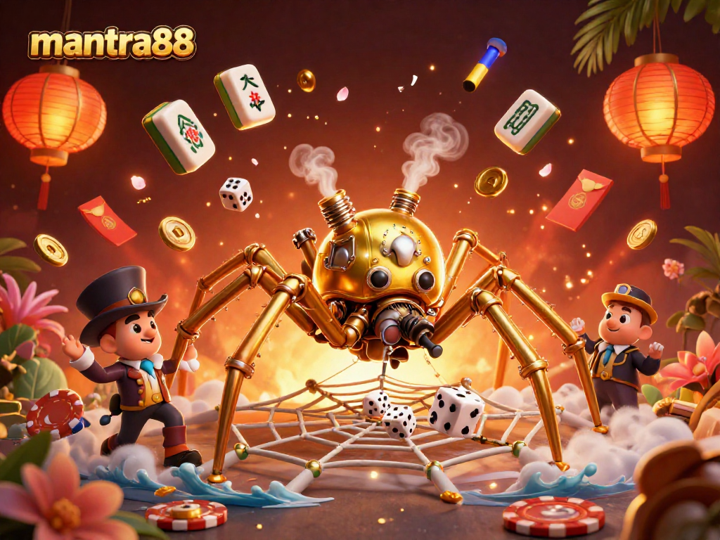 Experience the thrill of mantra88 with a vivid steampunk-themed 3D casino illustration.