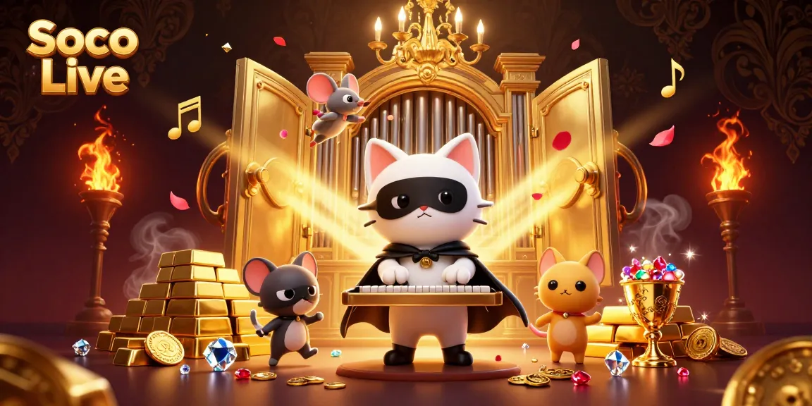 Soco Live brings a vibrant panorama of casino magic featuring cartoon characters amidst gold treasures and dramatic lighting.