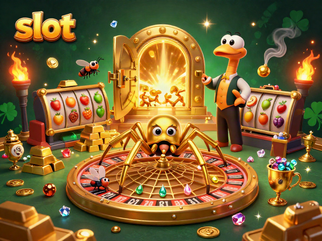Spin the slot reels while a golden spider weaves a web of fortune
