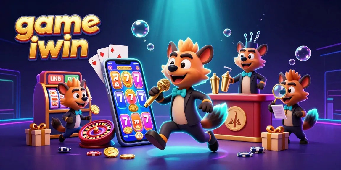 Experience the vibrant energy of game iwin at a lively comedy casino, illuminated with colorful slot elements and playful hyena characters.