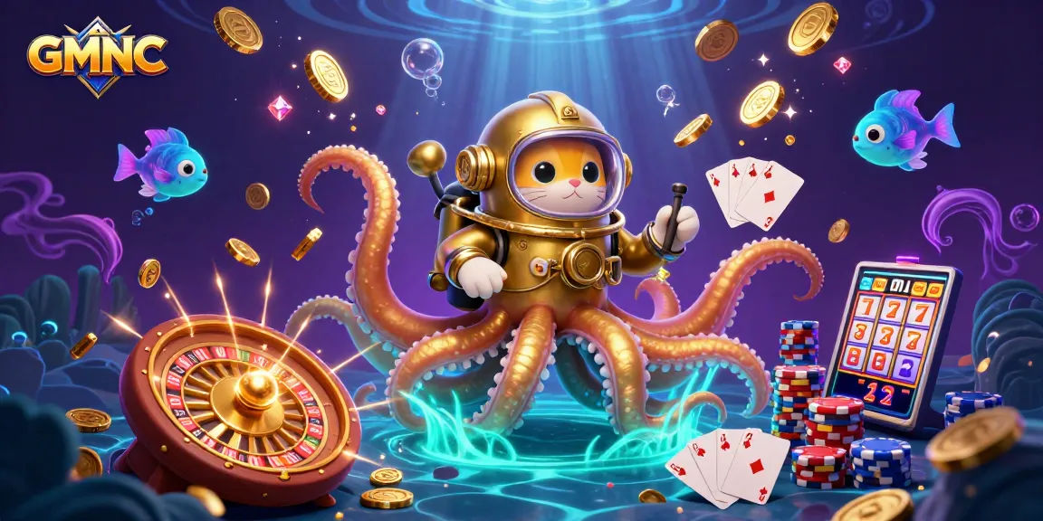 Experience GMNC's thrilling adventure with a kraken, diving cat, and treasures in a vibrant 3D casino scene.